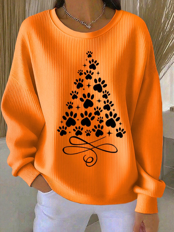 Women's Christmas Cat Print Knit Crew Neck Long Sleeve Top