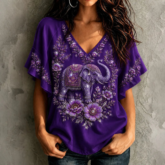 Women's Elephant And Floral Embroidery Art V-neck T-shirt