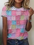 Women's casual pink patch printed T-shirt
