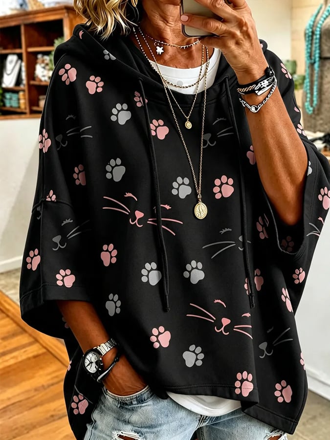 Women's Loose-Fit Casual Cat-Print Sweatshirt