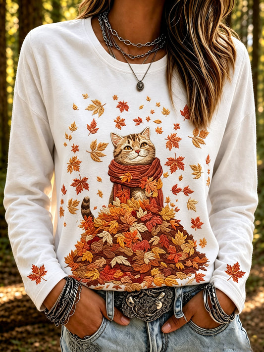 Women's Autumn Scarf Cat Print Long-Sleeved Top