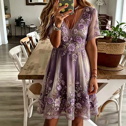 Women's Purple Vintage Floral And Rhinestone Art Texture Casual V-neck Playful Dress
