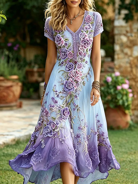 Women's Gradient Purple Rose Embroidery Print Alzheimer's Awareness V-neck Dress
