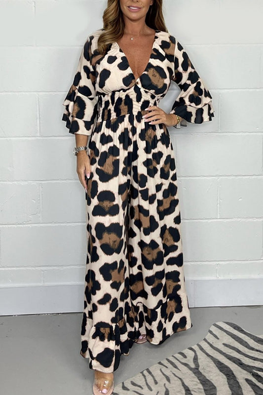 Hot Sale🔥 Women's Leopard Print Elastic Waist Casual Wide Leg Jumpsuit