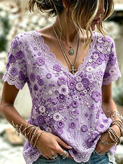 Women's Vintage Bohemian Floral Embroidery Lace Print Top