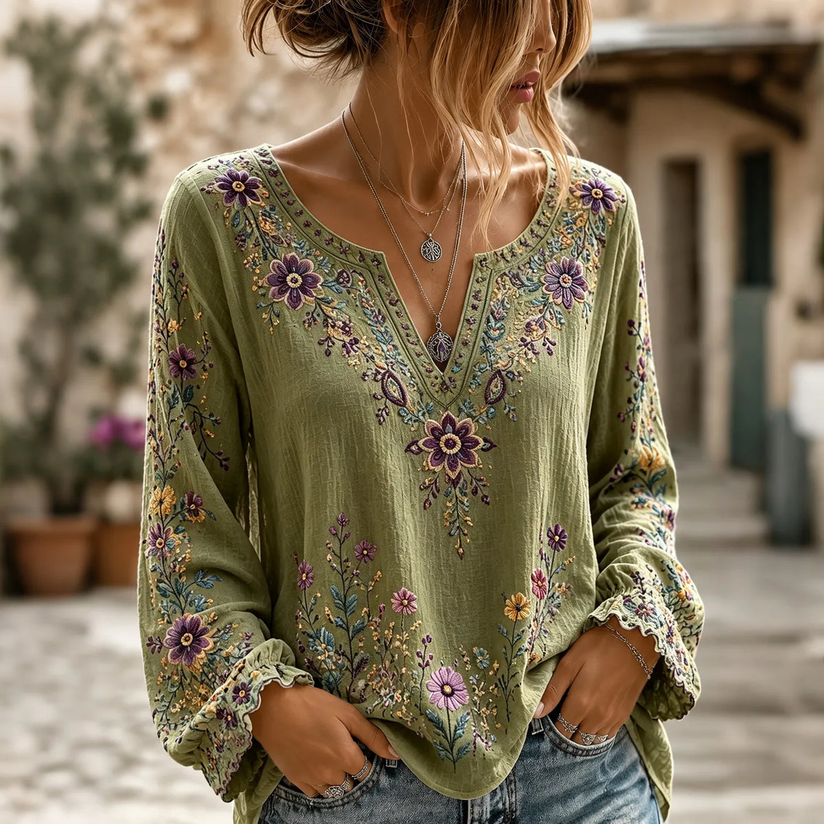 Women's Retro Boho Floral Art Cotton Linen V Neck T-shirt
