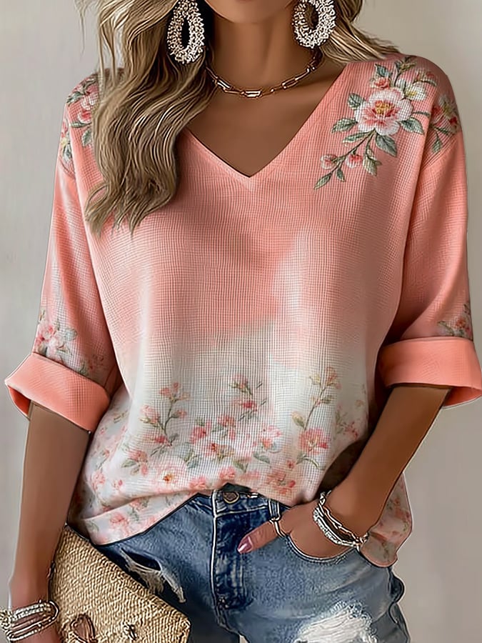 Women's Breast Cancer Breast Cancer Floral Print V-Neck Short Sleeve
