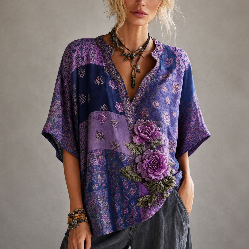 Women’s Boho V-neck Blouse With Purple Patchwork And 3d Floral Appliqué