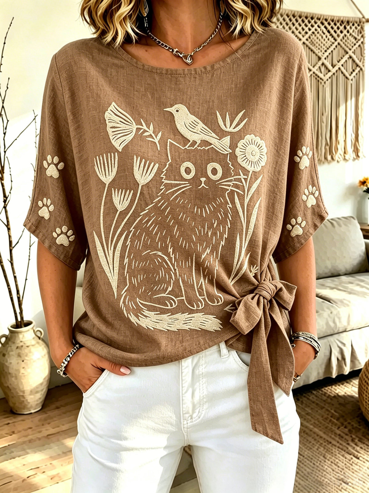 Women's Cat-Print Crew-Neck Tie-Front Top