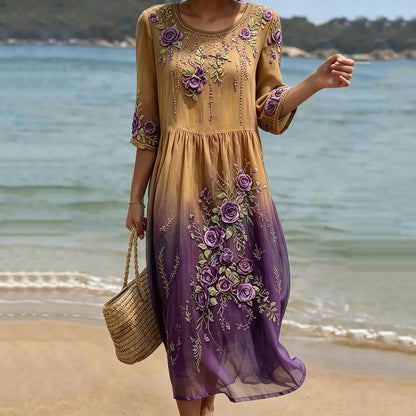 Women's Purple Rose Floral Gradient Pattern Mid-sleeve Casual Dress