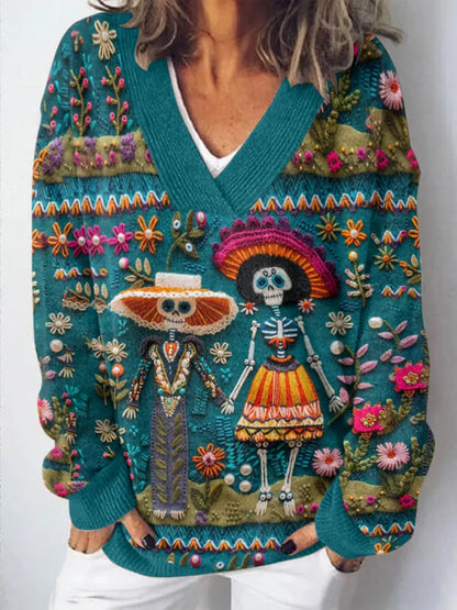 Women's Mexican Sugar Skeleton Couple Catrina Day Of The Dead Inspired Art Printed Light Sweater