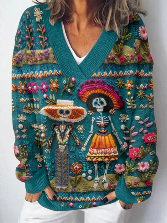 Women's Mexican Sugar Skeleton Couple Catrina Day Of The Dead Inspired Art Printed Light Sweater