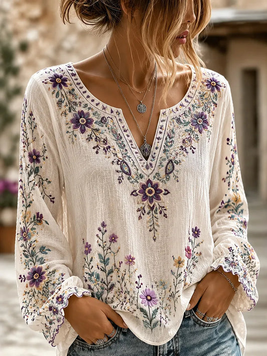 Women's Retro Boho Floral Art Cotton Linen V Neck T-shirt