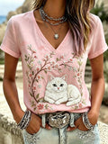 Women's Retro Pink Floral And Cat Printed V-Neck T-Shirt