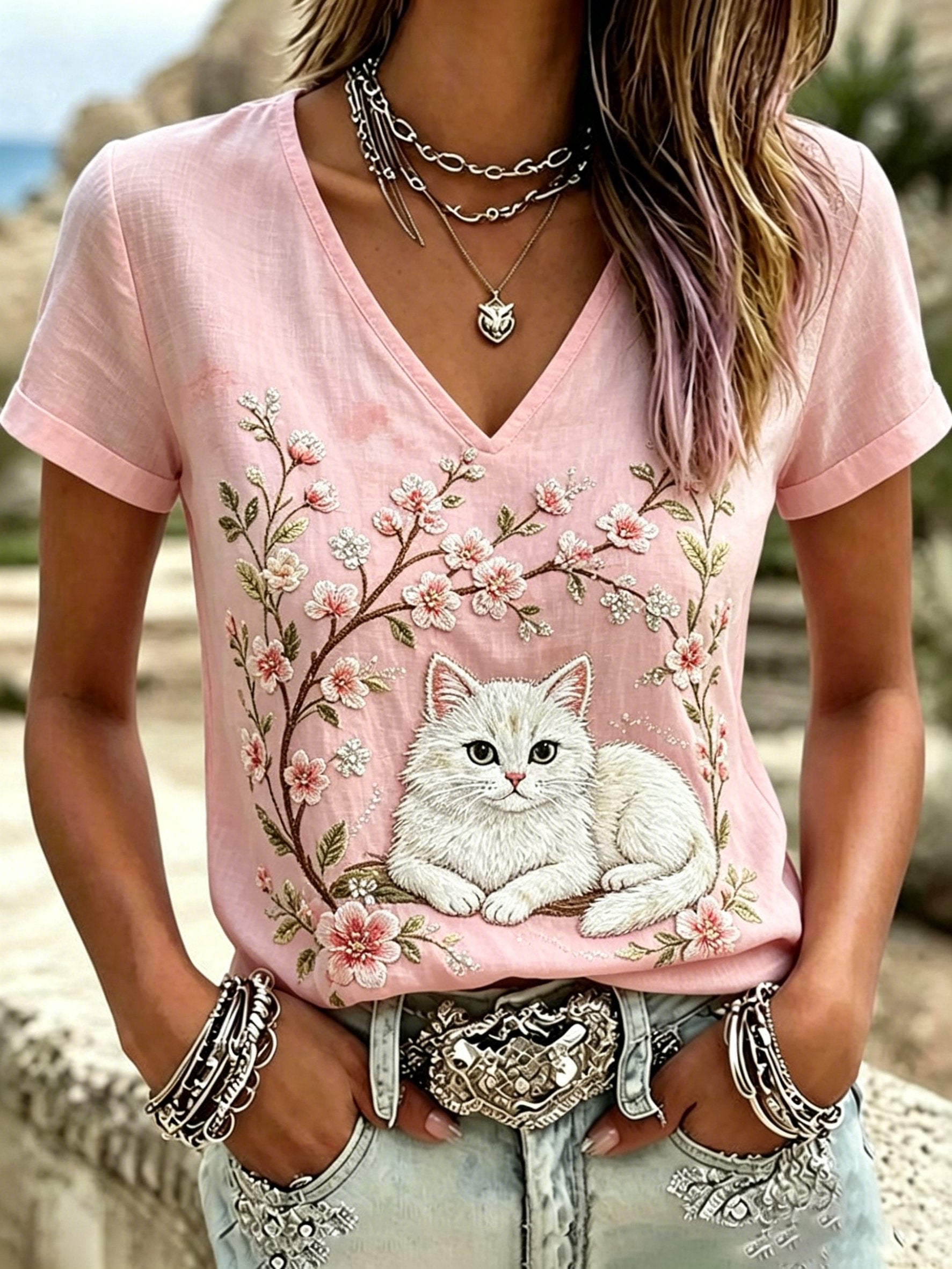 Women's Retro Pink Floral And Cat Printed V-Neck T-Shirt