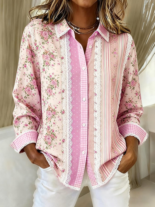 Women's Breast Cancer Awareness Pink Floral Print Casual Collared Shirt