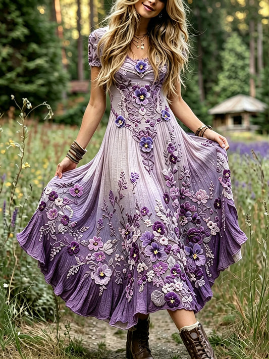 Women's Purple Pansy Print Alzheimer's Awareness Casual Round Neck Dress