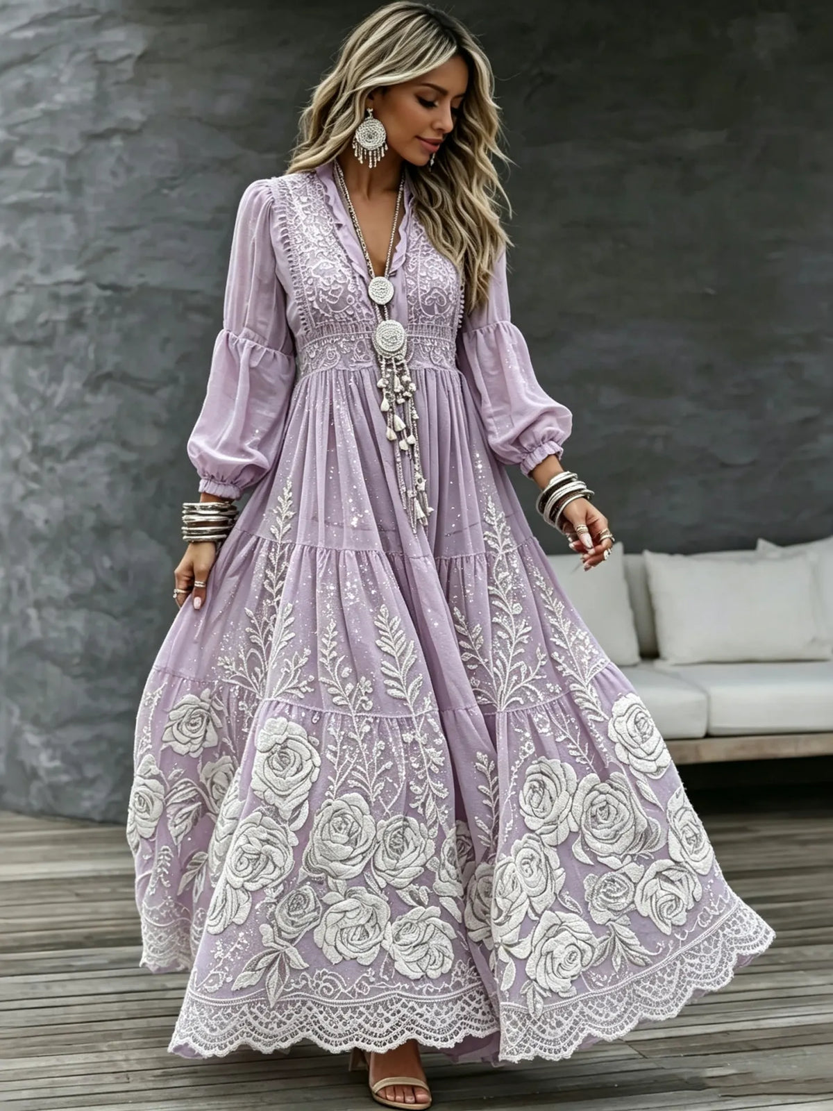 Women's Retro Tribal Floral Art Print Casual V Neck Long Sleeve Maxi Dress