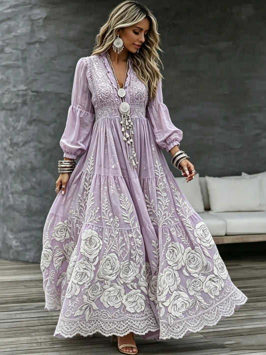 Women's Retro Tribal Floral Art Print Casual V Neck Long Sleeve Maxi Dress
