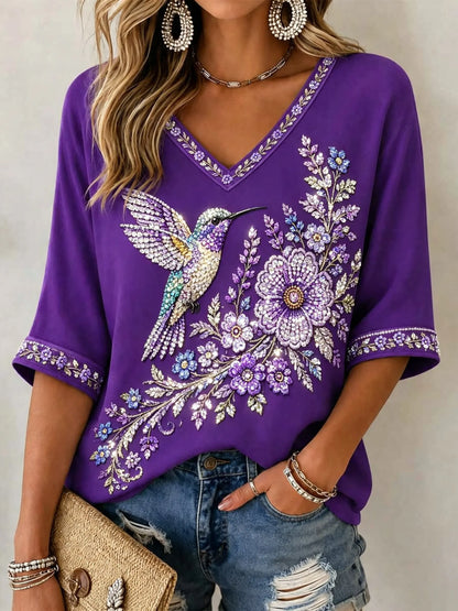 Women's Purple Floral & Hummingbird Print Alzheimer's Awareness V-neck T-shirt