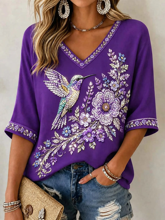 Women's Purple Floral & Hummingbird Print Alzheimer's Awareness V-neck T-shirt