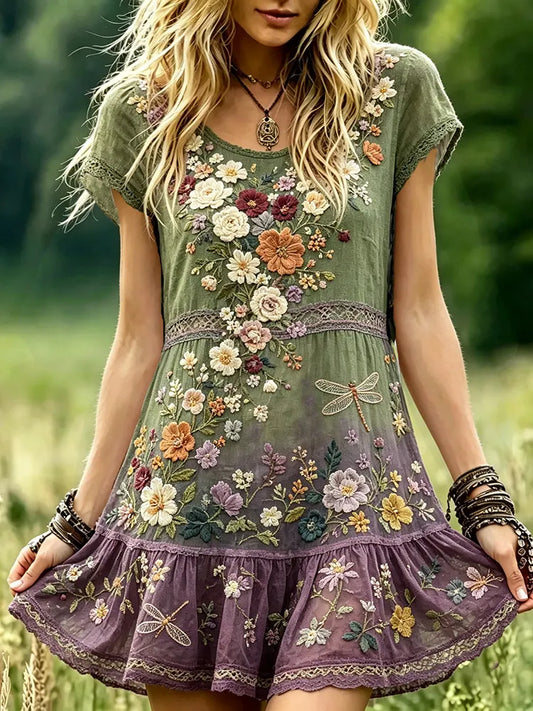 Women's Colorful Floral And Dragonfly Lace Art Gradient Cotton Linen Playful Short-sleeved Dress