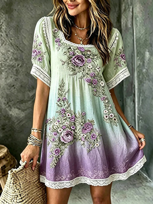 Women's Floral Art Embroidered Linen Blend Round Neck Mini Dress