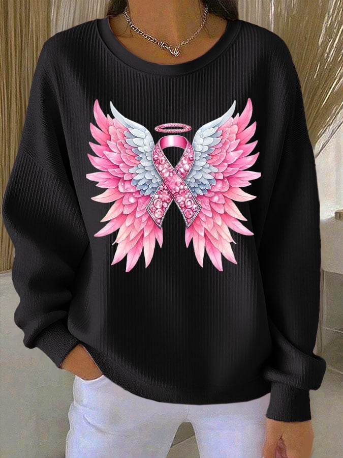 Women's Breast Cancer Awareness Print Knit Crew Neck Long Sleeve Top