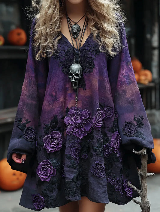 Women's Vintage Halloween Purple Rose Art Comfy Linen Mini Dress