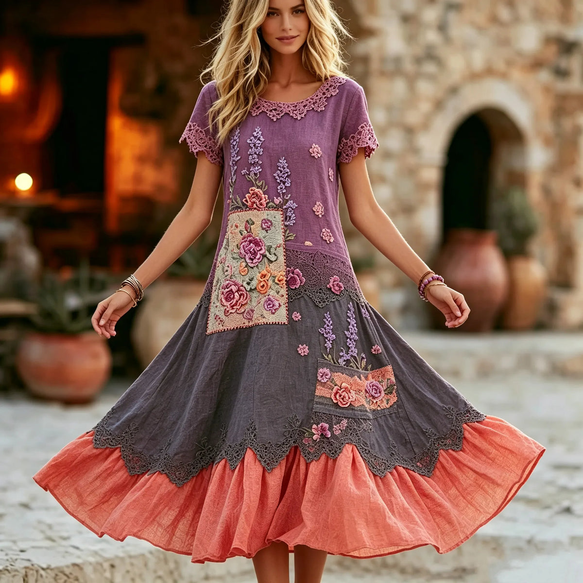 Women's Retro Purple Floral Patchwork Pattern Casual Round Neck Dress