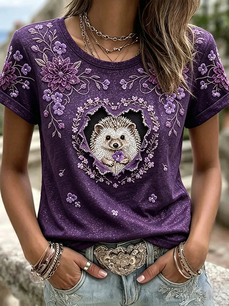 Women's Vintage Hedgehog And Floral Art Pattern Round Neck Short Sleeve T-shirt