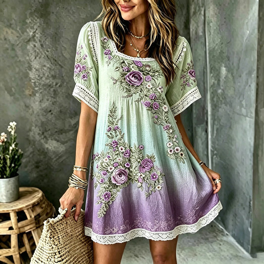 Women's Floral Art Embroidered Linen Blend Round Neck Mini Dress
