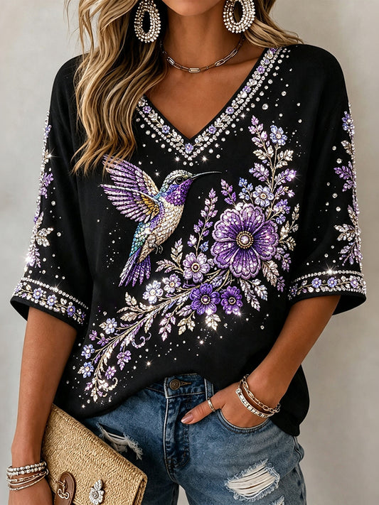 Women's Purple Floral & Hummingbird Hot Drill Print Alzheimer's Awareness V-neck T-shirt