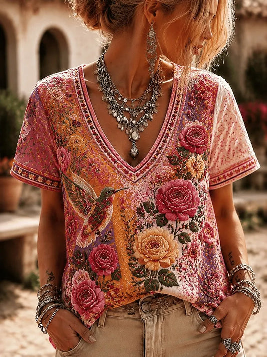 Women's Retro Vacation Floral And Bird Breast Cancer Symbol V-neck Short-sleeved T-shirt