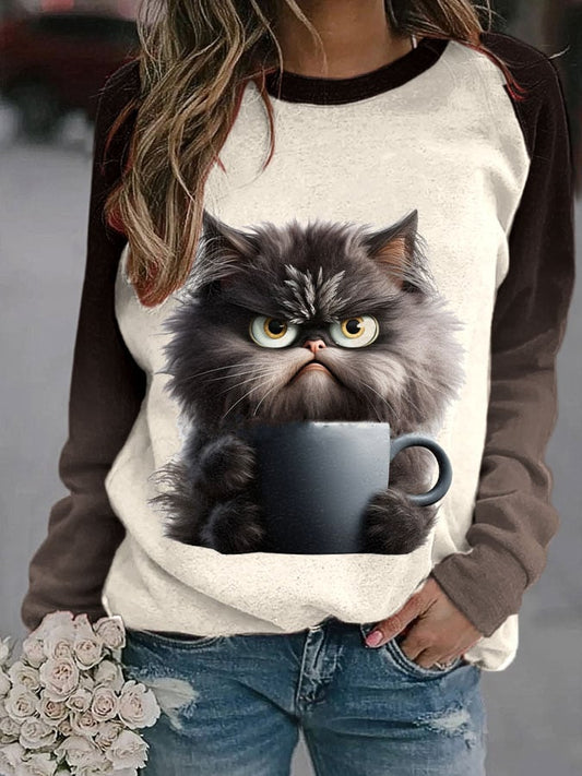 Women's Winter Funny Cute Wonderland Clothing Clipart Cat Coffee Printed Sweatshirt