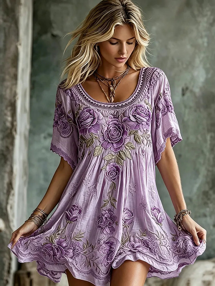 Women's Retro Purple Rose Embroidery Art Linen Blend Mini Dress