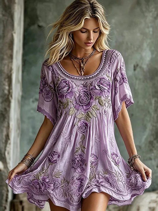 Women's Retro Purple Rose Embroidery Art Linen Blend Mini Dress
