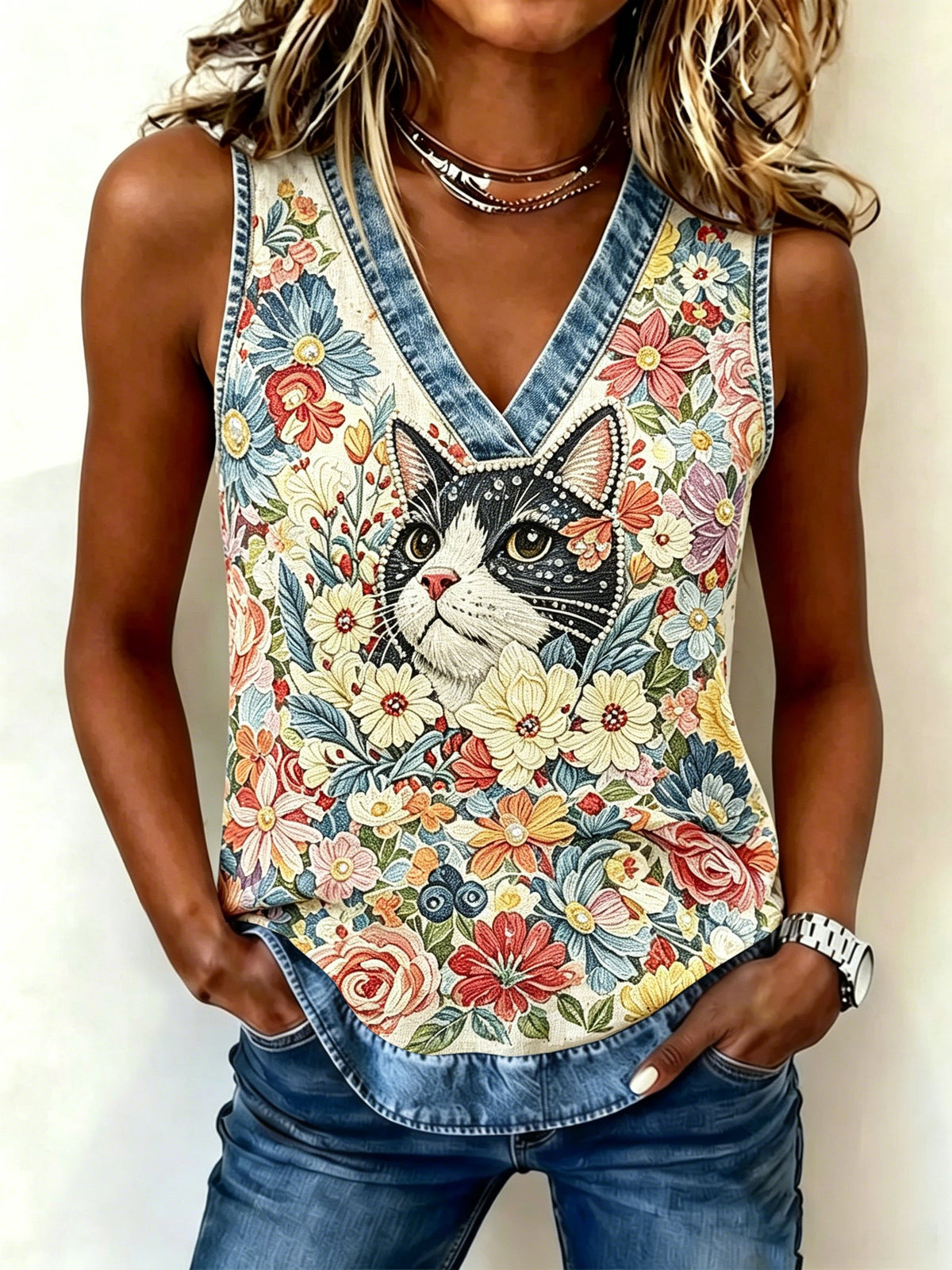 Women's Cat With Floral Graphic Print Vest