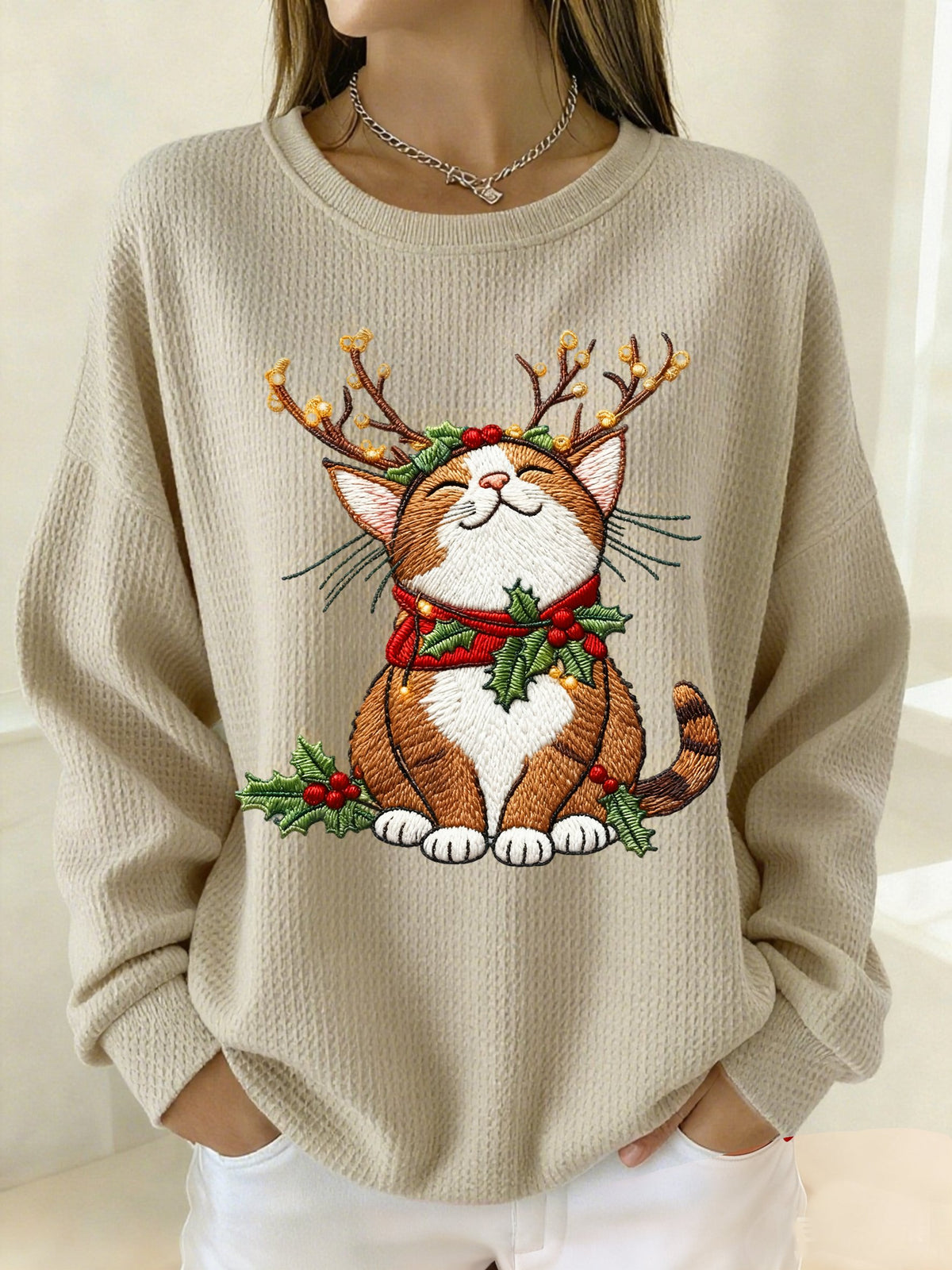 Women's Winter Christmas Cat Print Crew Neck Waffle Top