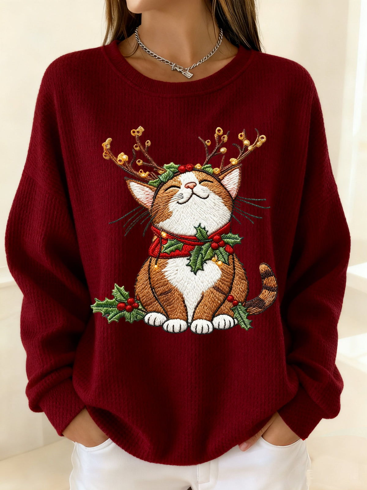 Women's Winter Christmas Cat Print Crew Neck Waffle Top