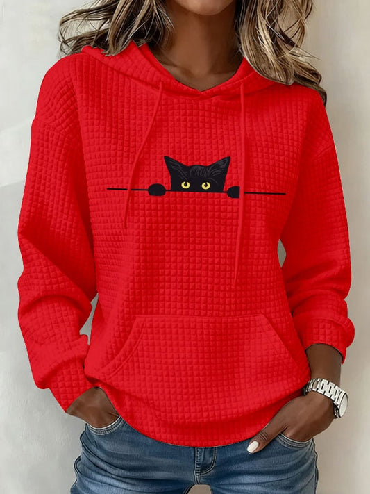 Women's Casual Cat Print Checkered Fabric Hooded Sweatshirt