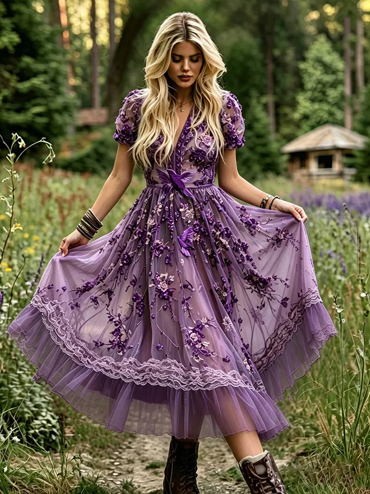 Dark Purple 3d Floral Bird Embroidery Dress
