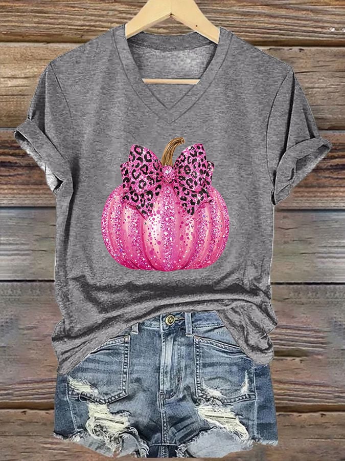 Women's Pink Pumpkin Print Breast Cancer Awareness T-Shirt