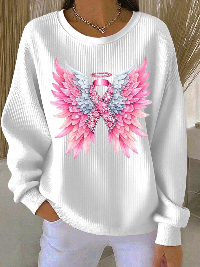 Women's Breast Cancer Awareness Print Knit Crew Neck Long Sleeve Top