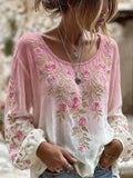 Women's Retro Breast Cancer Floral Print Long-Sleeved Top