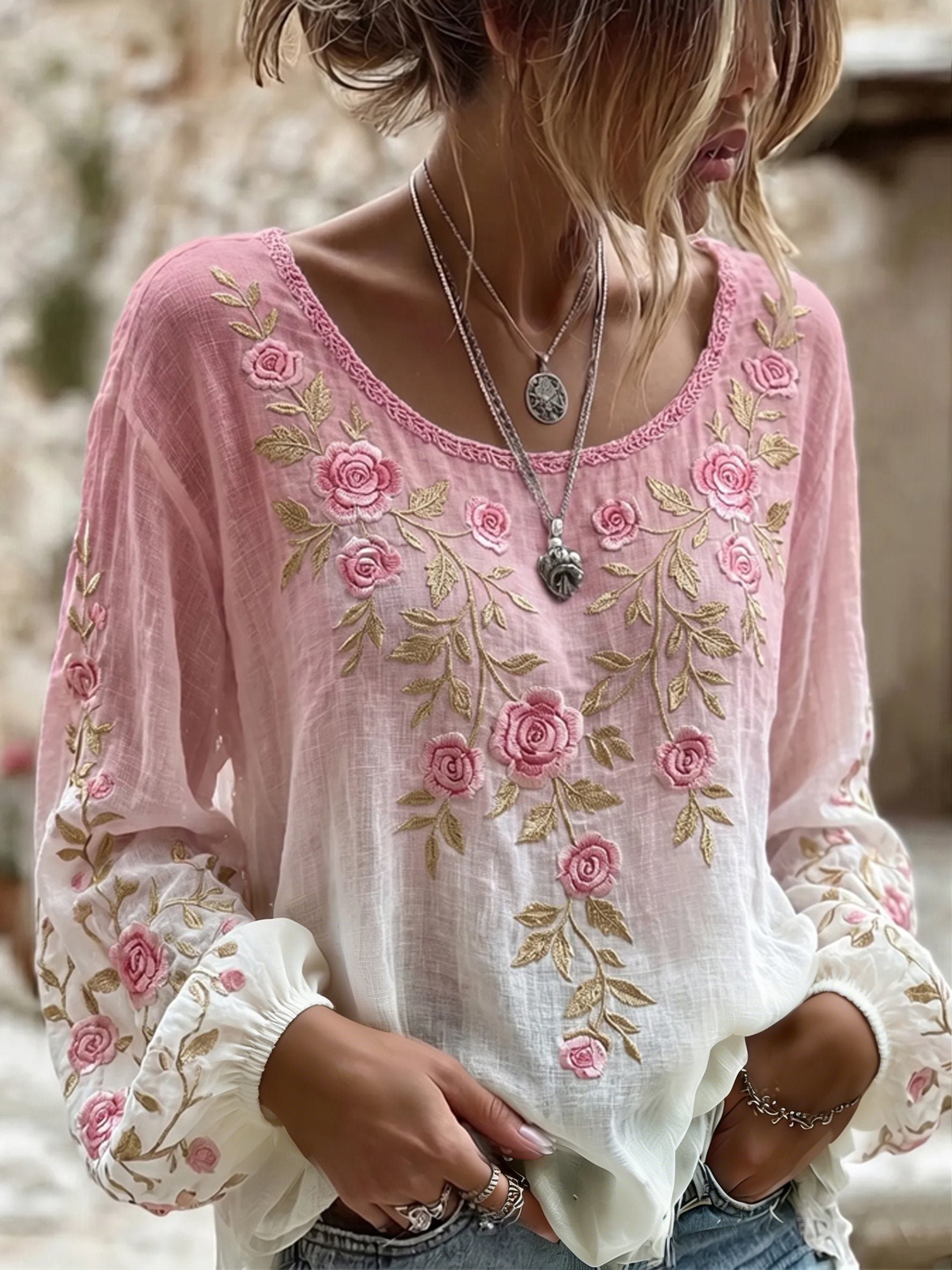 Women's Retro Breast Cancer Floral Print Long-Sleeved Top