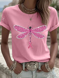 Women's Pink Dragonfly Print Round Neck T-Shirt