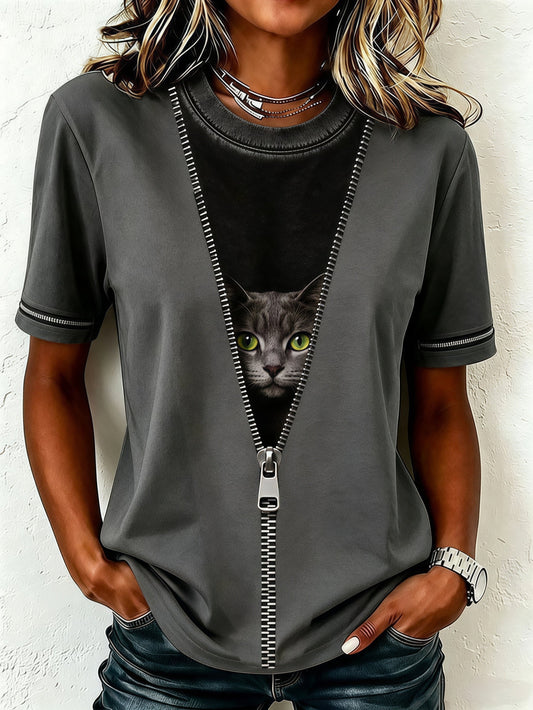 Women's Cat Themed Animal Print T-Shirt
