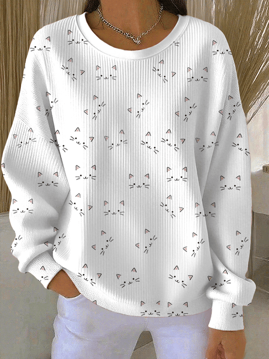 Women's Cute Cat Print Knitted Crew Neck Long Sleeve Top