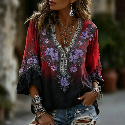 Classy Gradient Purple Lavender And Floral Art Linen Blend Loose Three-quarter Sleeve Shirt